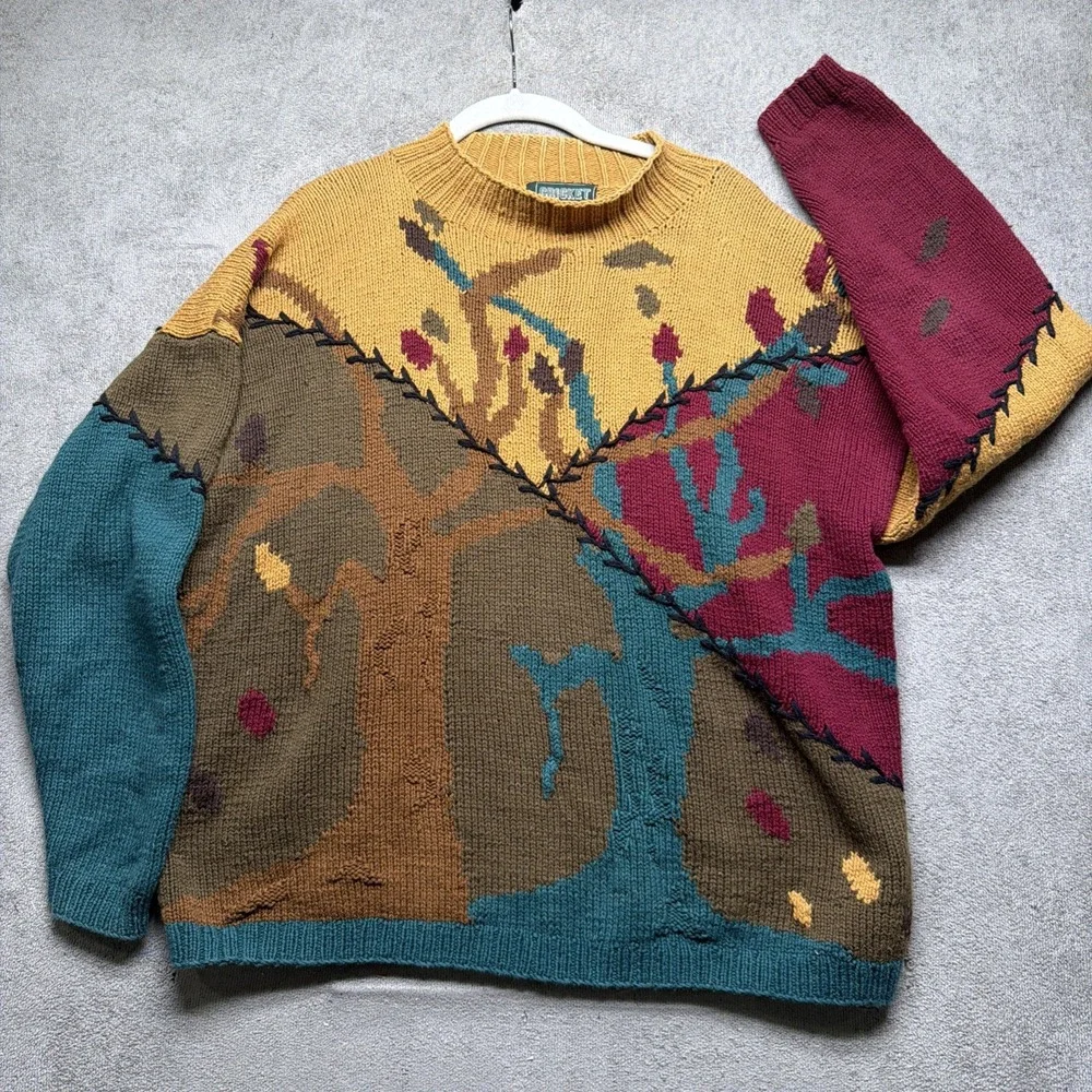 Vintage Abstract Nature Sweater Colorblock Art Knit Made in Hong‎ Kong Large - Picture 2 of 9